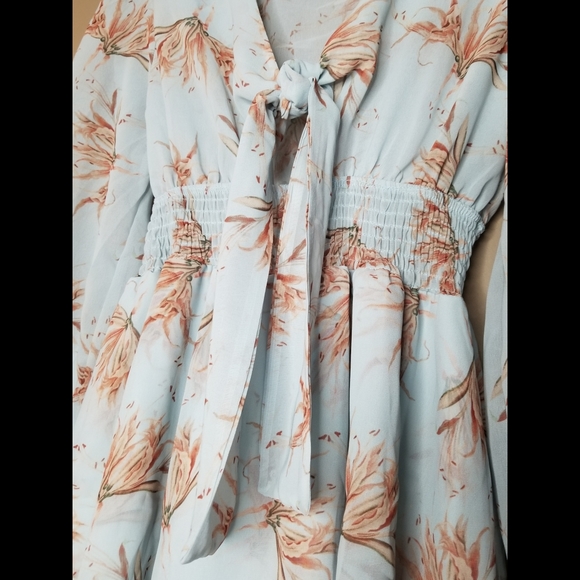 Blue floral chiffon long sleeve smocked waist tie bust tiered ruffle mini dress - Picture 3 of 8